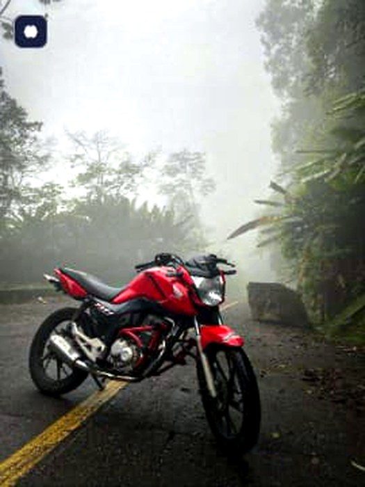 Moto em estrada de serra, neblina densa